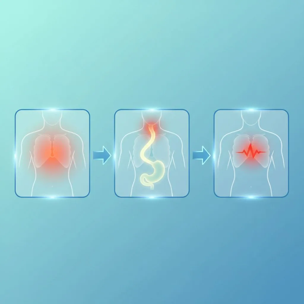 Woman experiencing heartburn, holding her chest with a pained expression.