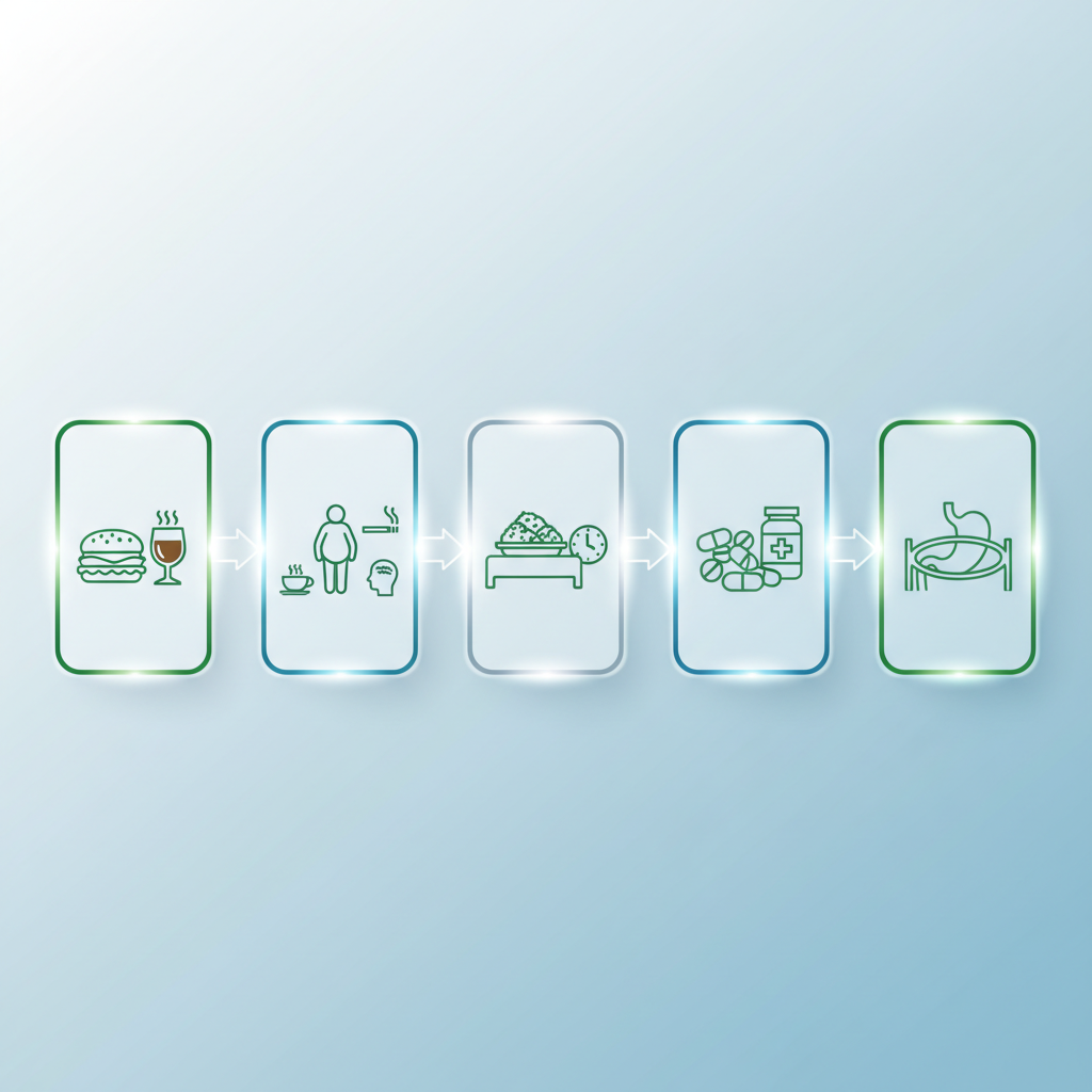 Diagram illustrating stomach and esophagus, with arrows showing acid reflux.