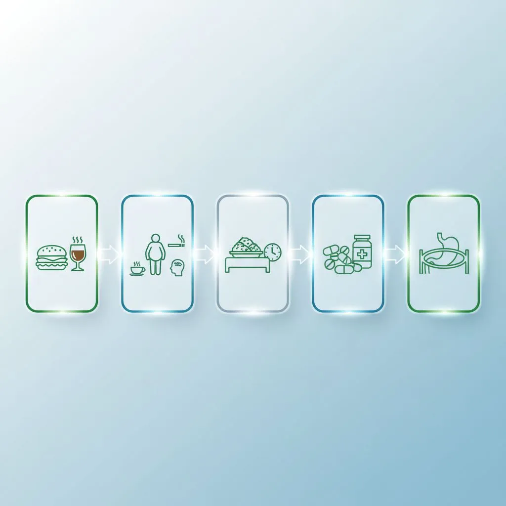 Diagram illustrating stomach and esophagus, with arrows showing acid reflux.