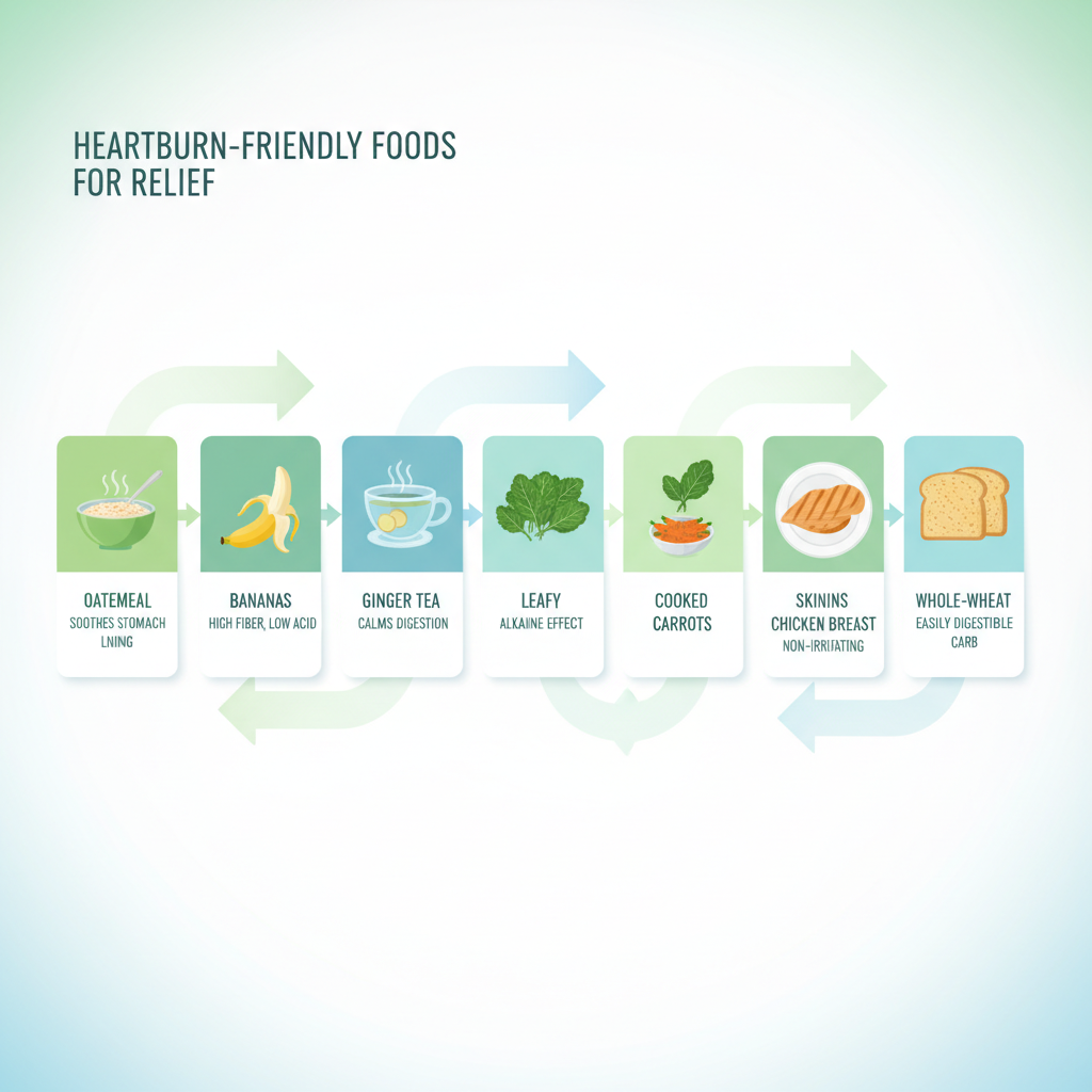 A variety of soothing foods for heartburn relief, such as oatmeal, bananas, ginger tea, and leafy greens.