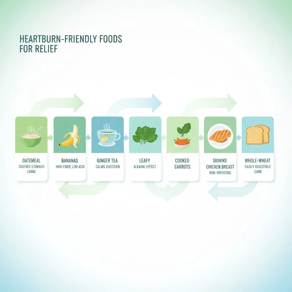 A variety of soothing foods for heartburn relief, such as oatmeal, bananas, ginger tea, and leafy greens.