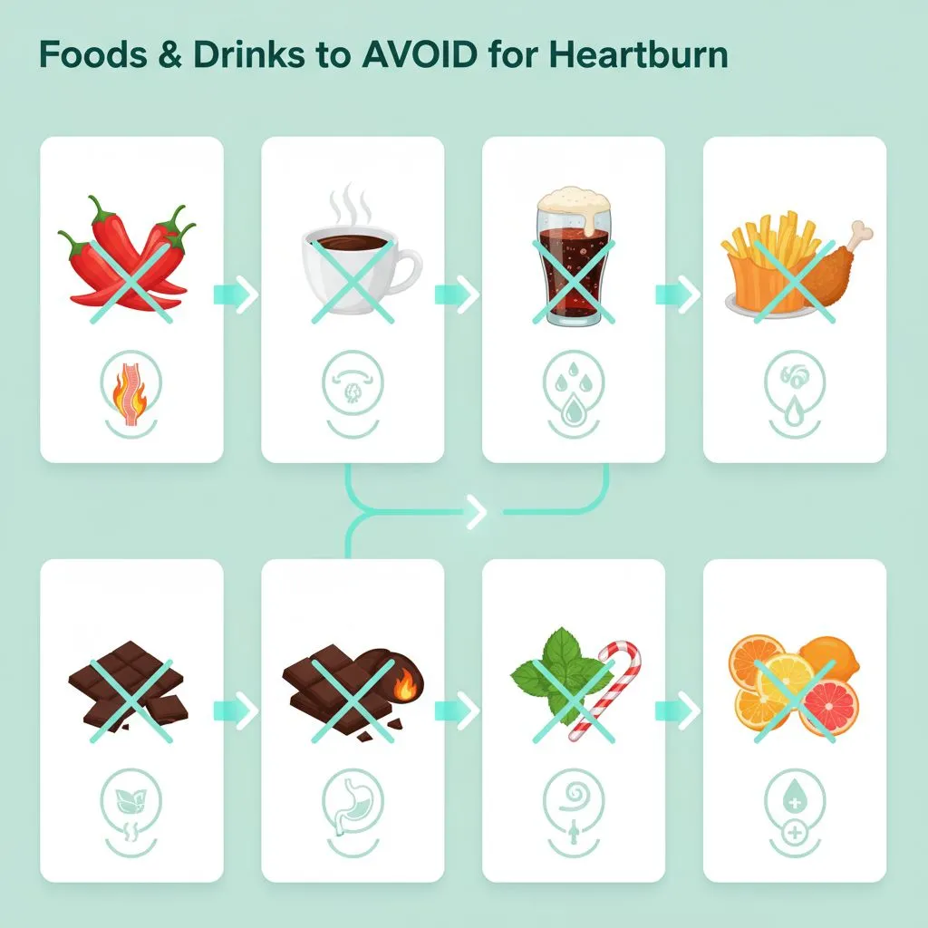 Foods and drinks to avoid for heartburn, such as coffee, spicy peppers, citrus fruits, and fried foods.