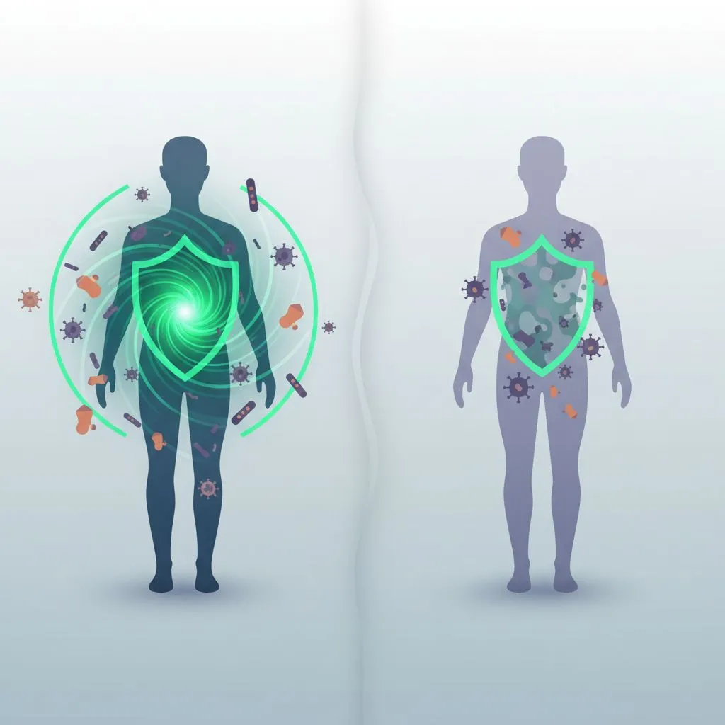 A vibrant illustration of a human body with a shield icon, representing a strong immune system fighting off various viruses and bacteria.