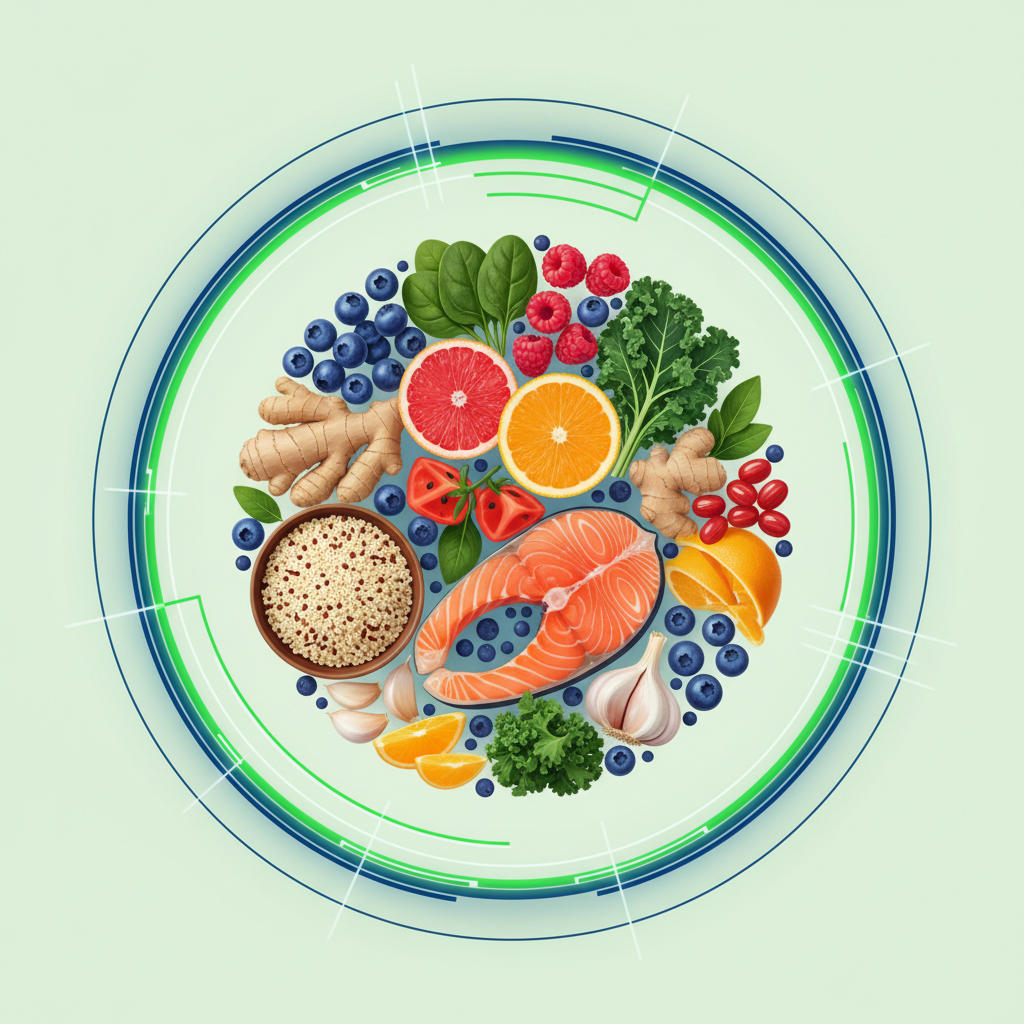 A vibrant and colorful assortment of fresh fruits, vegetables, and whole grains laid out on a table, symbolizing a healthy immune-boosting diet.