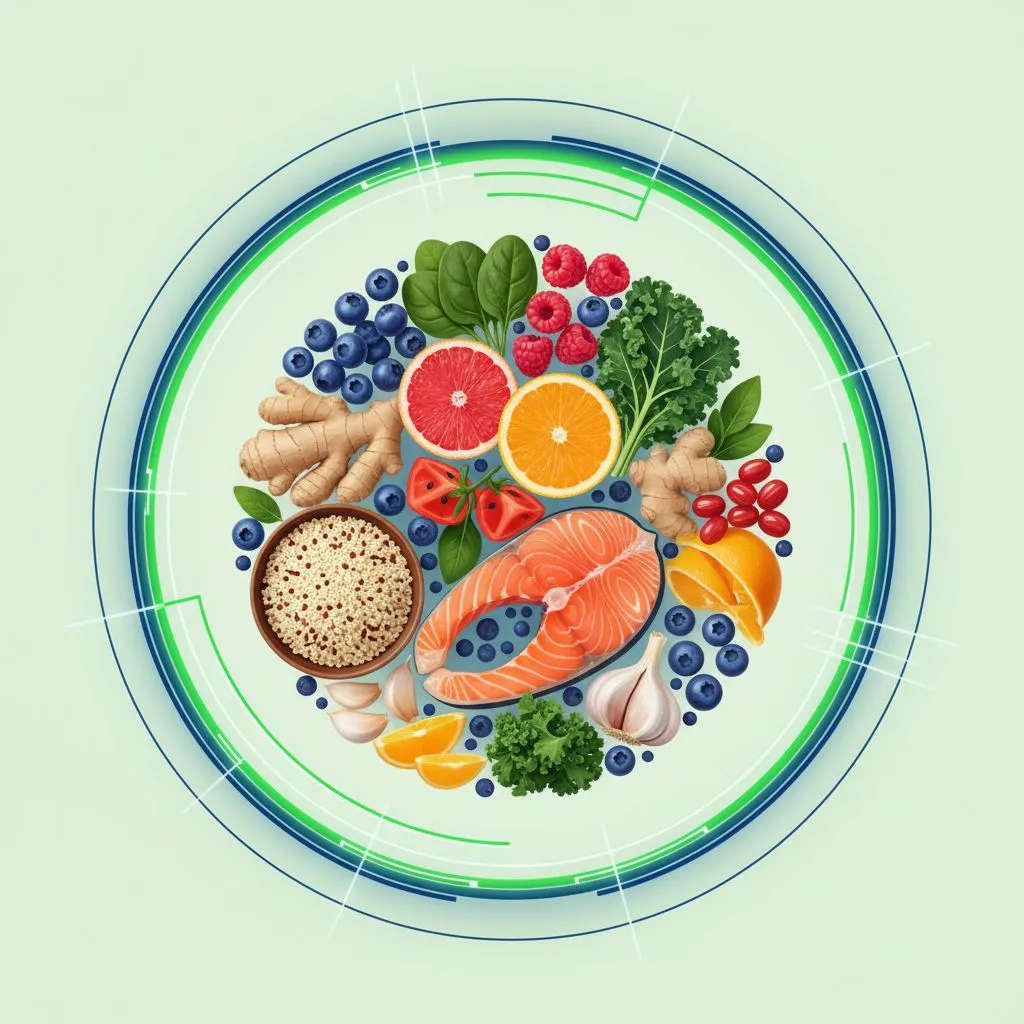 A colorful spread of healthy foods known to boost immunity, including citrus fruits, leafy greens, berries, fish, and nuts.
