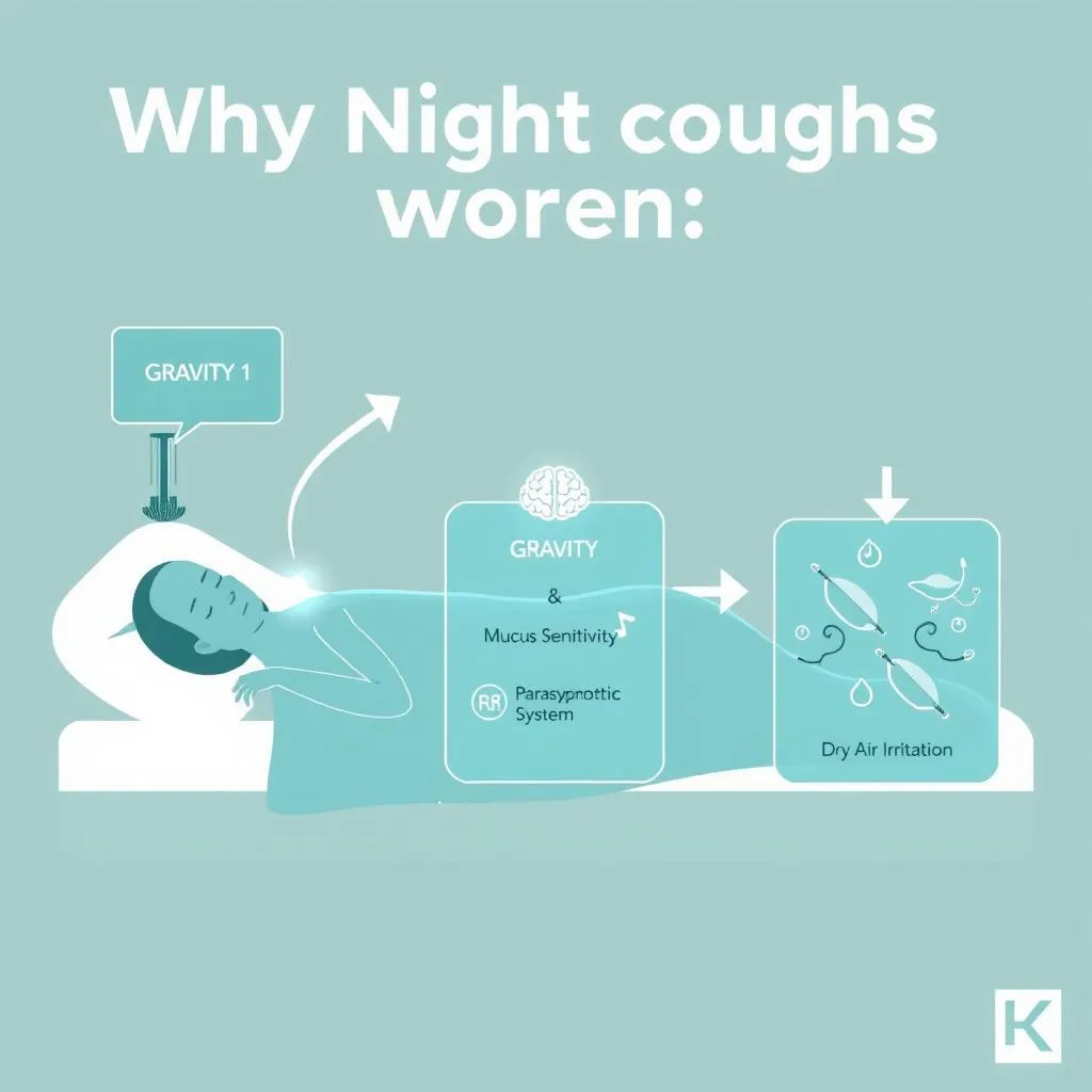 A person lying in bed, awake and coughing, with a dark room indicating nighttime.