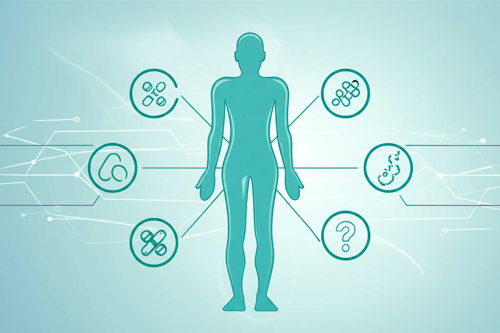 A person looking confused while holding multiple different pill bottles, with a question mark overlay