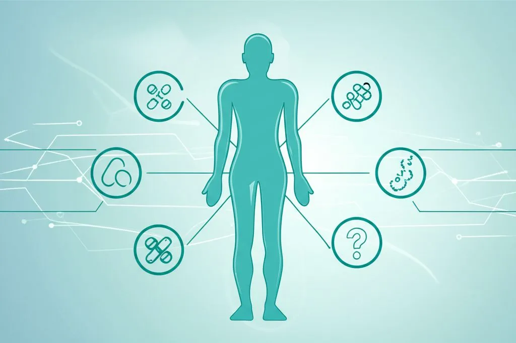 A person looking confused while holding multiple different pill bottles, with a question mark overlay