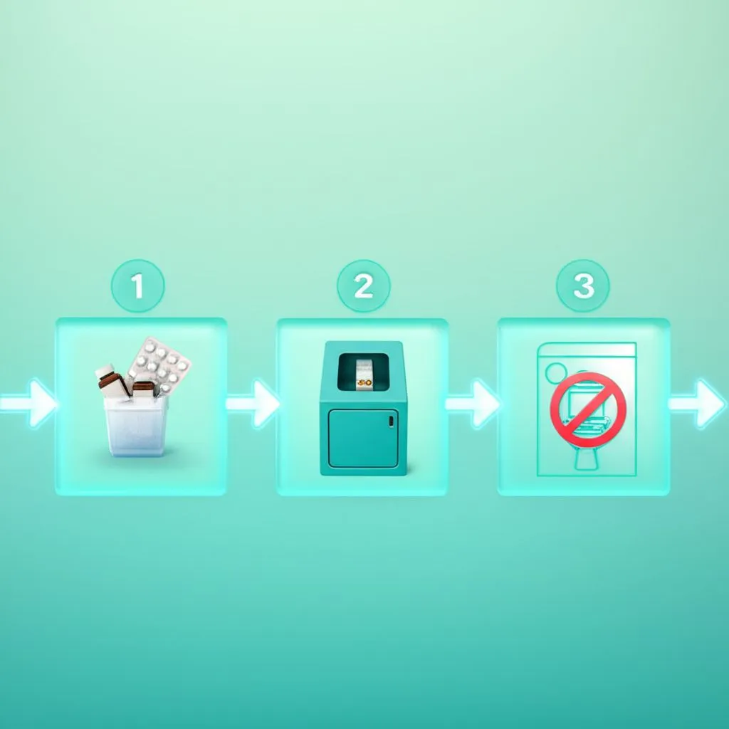 A hand dropping old pills into a designated medicine disposal box, emphasizing environmental safety