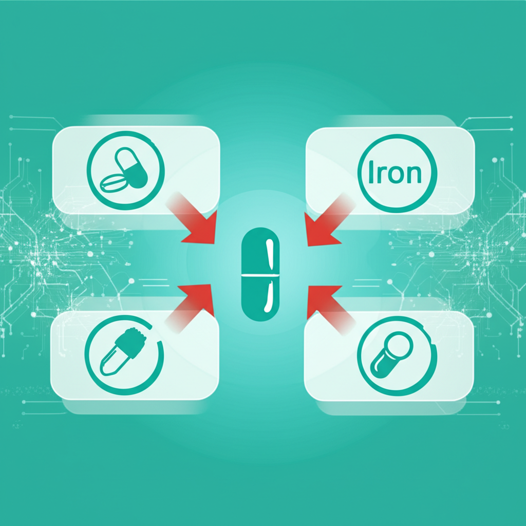 Various colorful pill bottles of supplements and OTC medications, arranged neatly on a table with a leaflet