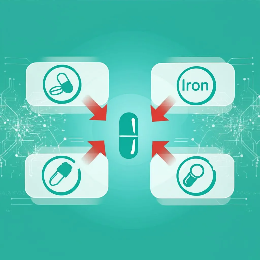Various colorful pill bottles of supplements and OTC medications, arranged neatly on a table with a leaflet