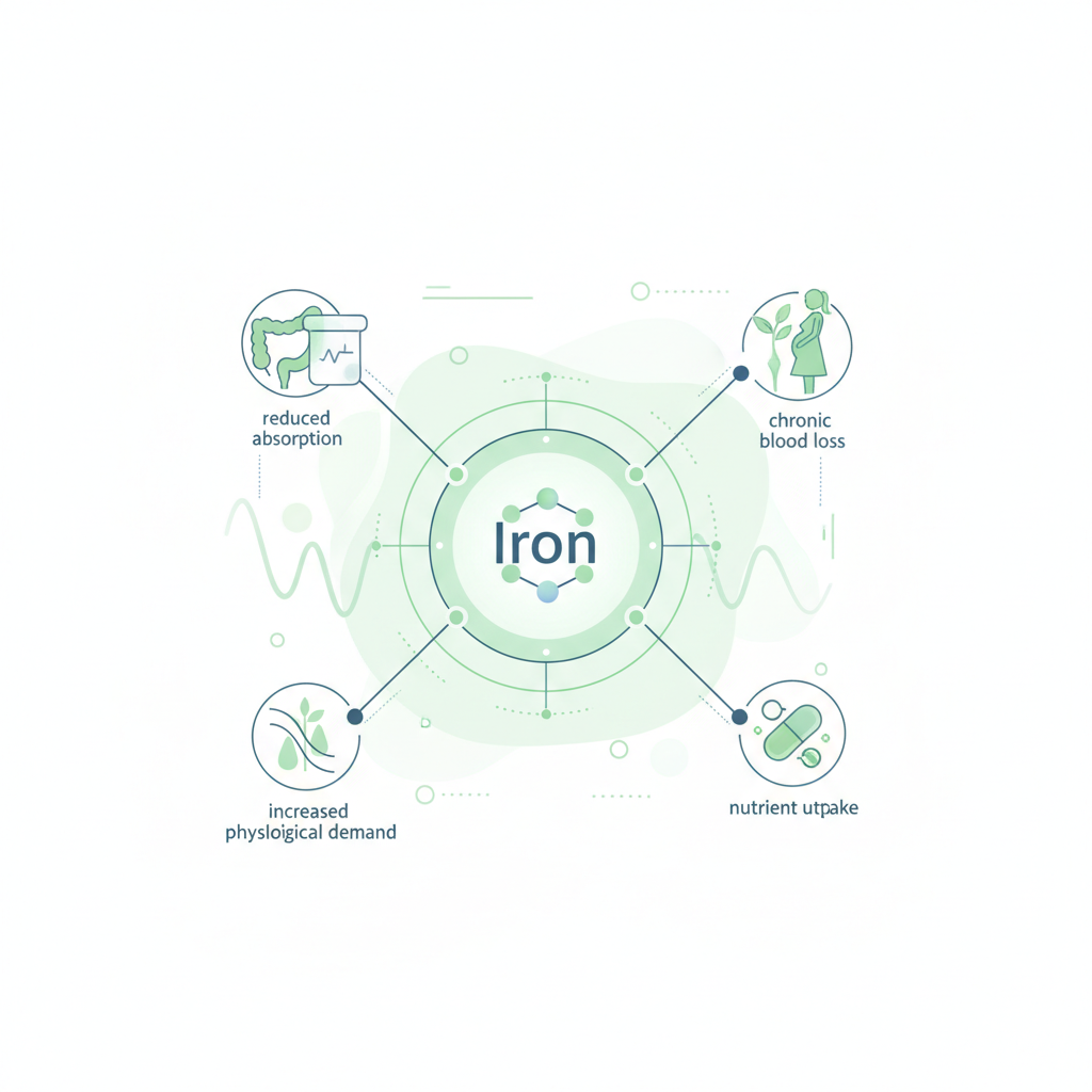 Diagram showing various factors contributing to iron deficiency, such as poor diet, malabsorption, and blood loss