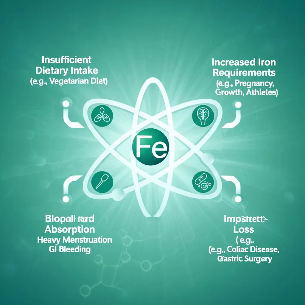 A diagram showing various factors contributing to iron deficiency, such as menstruation, diet, and gut health