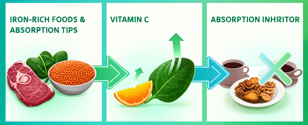 A colorful spread of iron-rich foods including spinach, red meat, lentils, and oranges, symbolizing a healthy diet