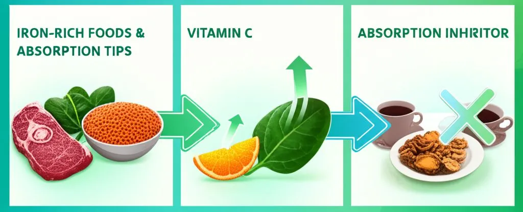 A colorful spread of iron-rich foods including spinach, red meat, lentils, and oranges, symbolizing a healthy diet