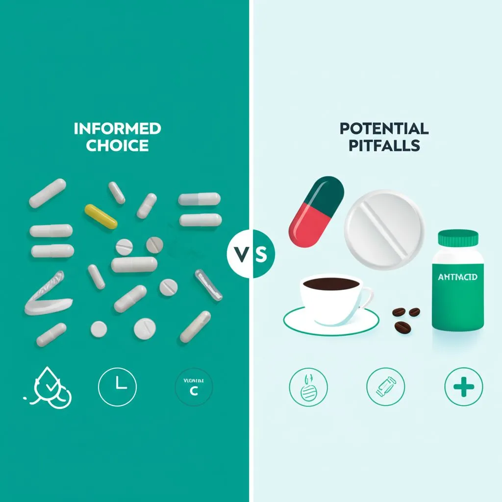 A hand holding an iron supplement pill next to a glass of water, with a blurred background of a pharmacy