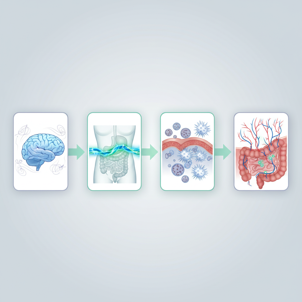 A detailed illustration of the gut-brain axis, showing connections between the brain, vagus nerve, and intestines with diverse gut microbiota.