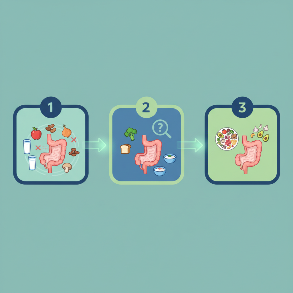 A plate showing a variety of low-FODMAP foods like lean protein, white rice, specific vegetables, and fruits.