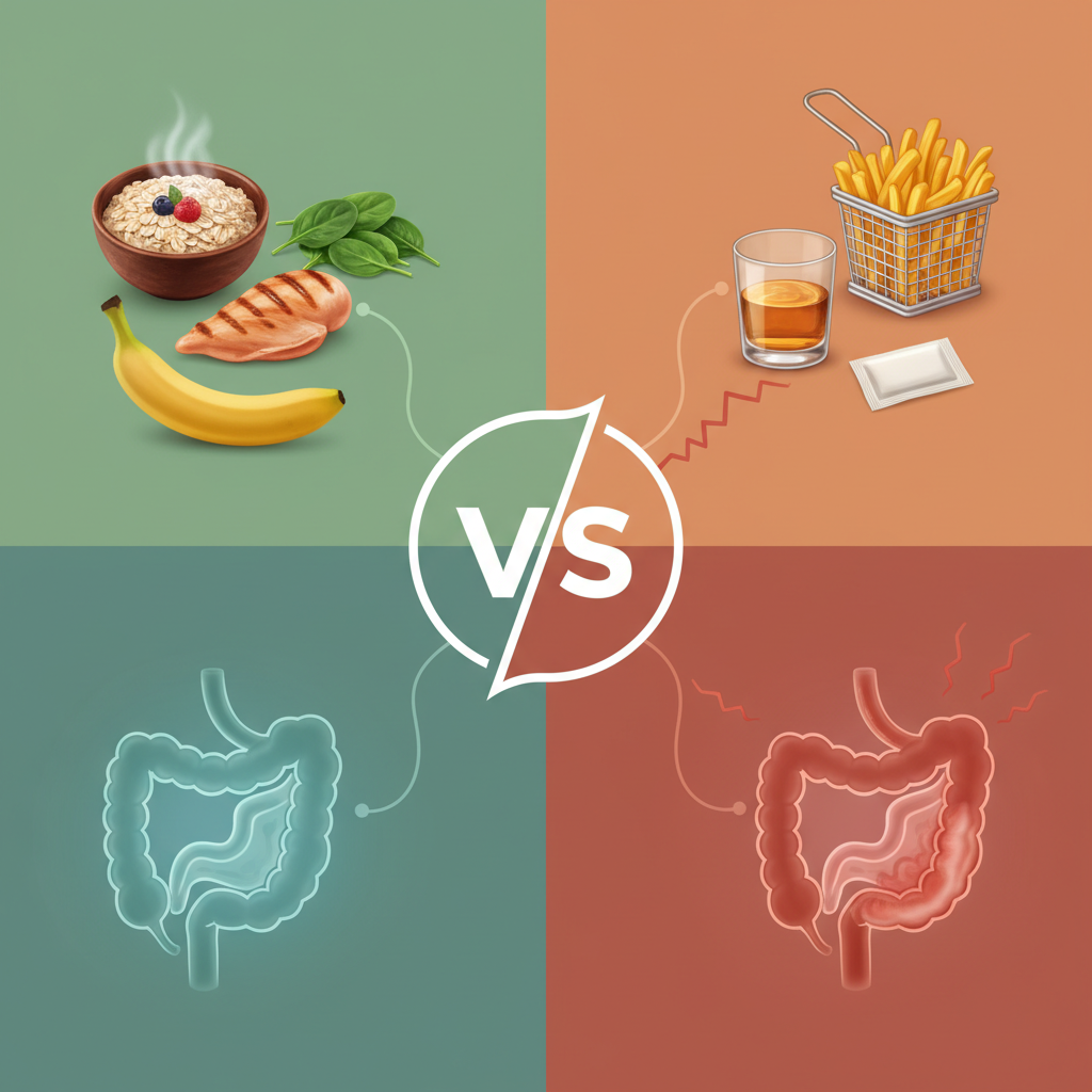 A comparison chart showing "Good for IBS" (green checkmarks next to low-FODMAP foods) and "Bad for IBS" (red X marks next to high-FODMAP foods).