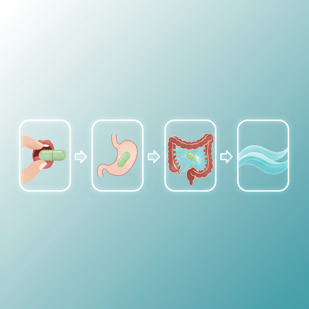 A variety of health supplements including probiotics, digestive enzymes, and peppermint oil capsules laid out neatly.