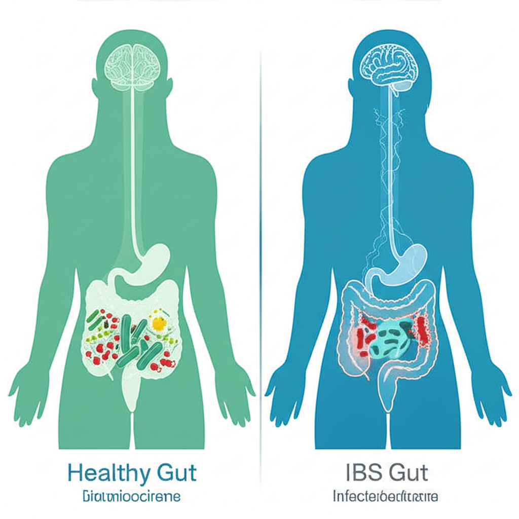 A person holding their stomach in discomfort due to IBS symptoms