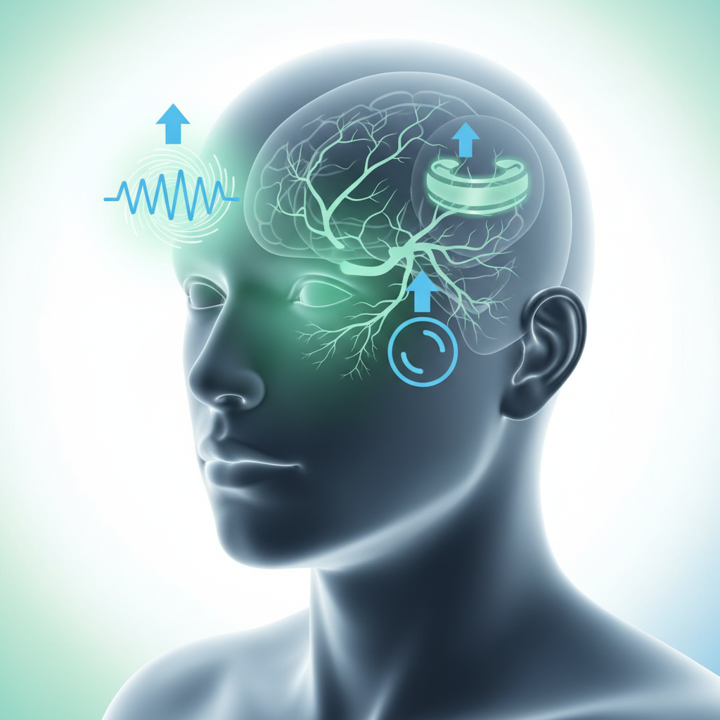 A medical illustration highlighting the left temple area of a human head, showing nerves, blood vessels, and surrounding muscles.