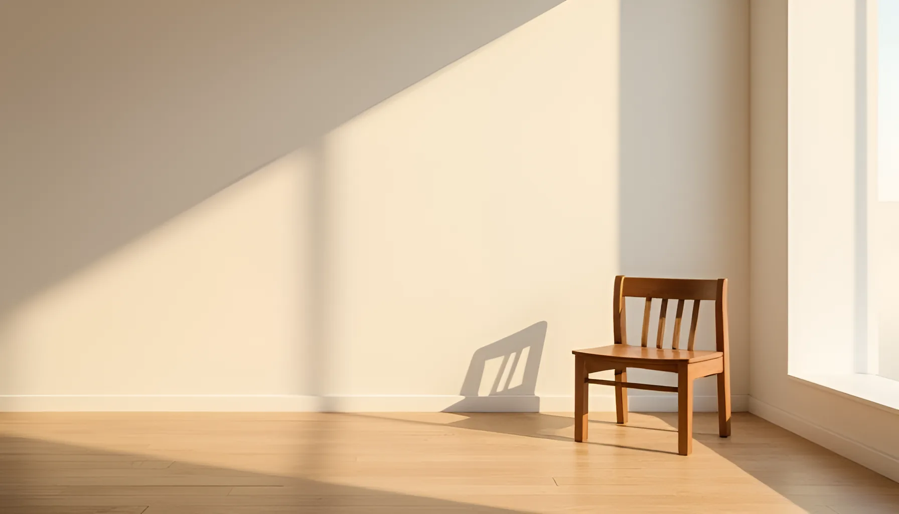 연한 미색 벽과 밝은 나무 바닥이 만나는 빈 방에 등받이가 있는 나무 의자가 아무도 앉지 않은 채 놓여 있고, 오른쪽 창에서 들어온 빛이 벽 위쪽을 비스듬히 가르며 의자 그림자를 벽면에 드리운 장면