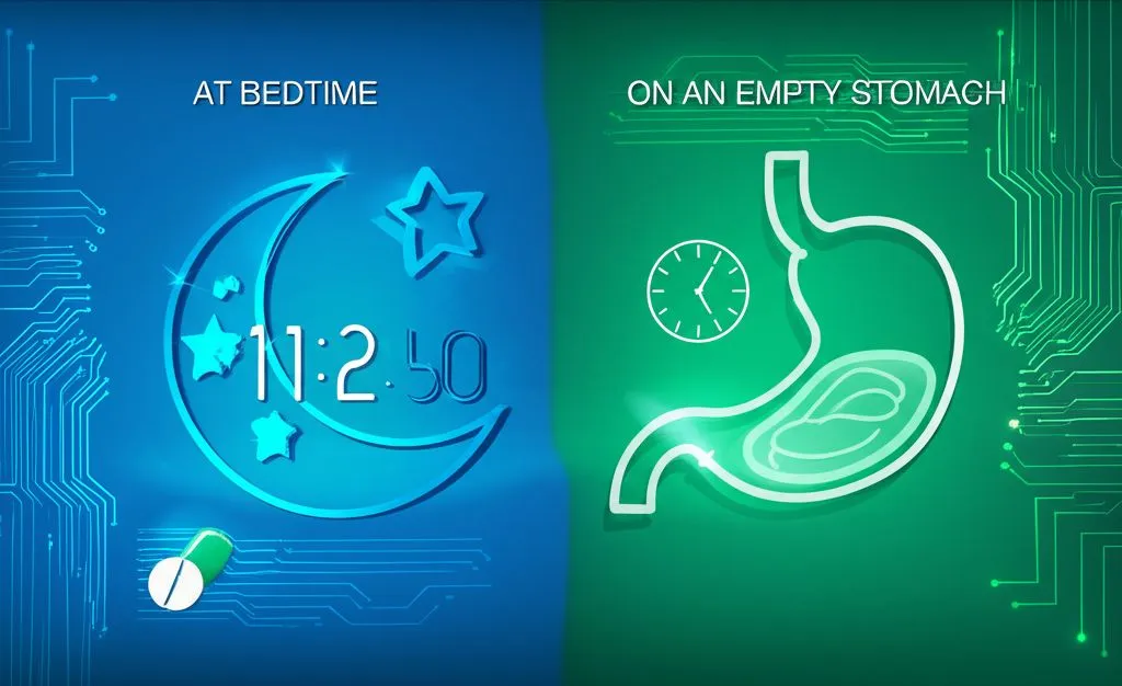 A table showing different types of medications (antibiotics, blood pressure pills, pain relievers) and their recommended timing with meal icons.