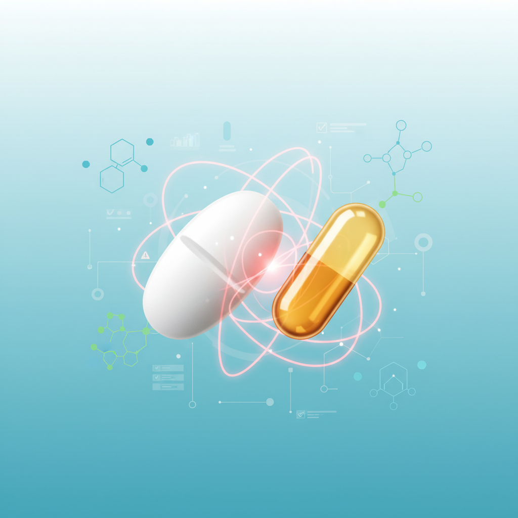Various types of pills and supplements scattered on a table, symbolizing the potential for drug-drug and drug-supplement interactions.