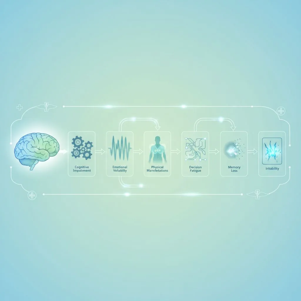 A person with a tired expression holding their head, surrounded by abstract representations of stress and overwhelming thoughts.