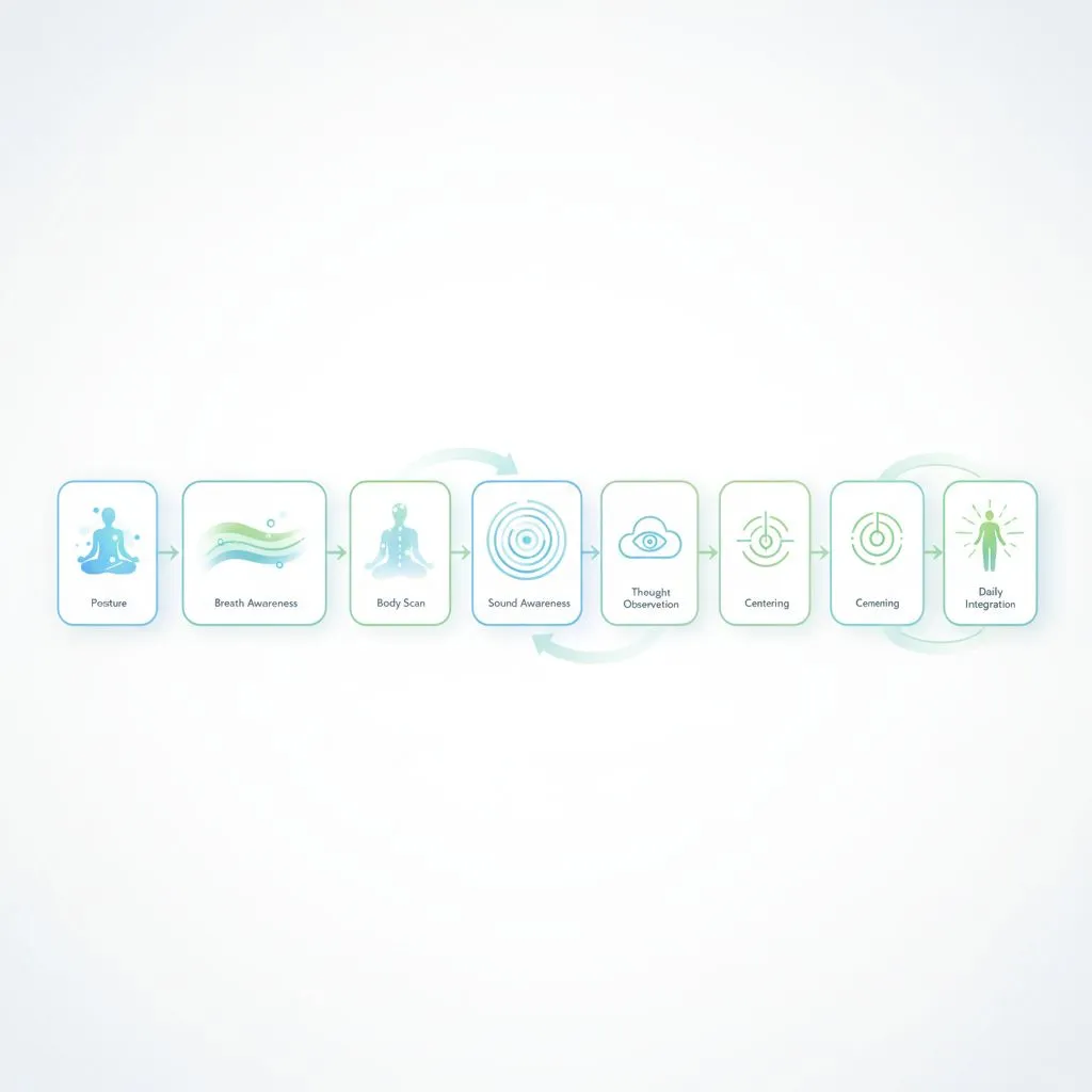 Diverse people performing mindfulness activities in various daily settings (e.g., walking, drinking tea, working)