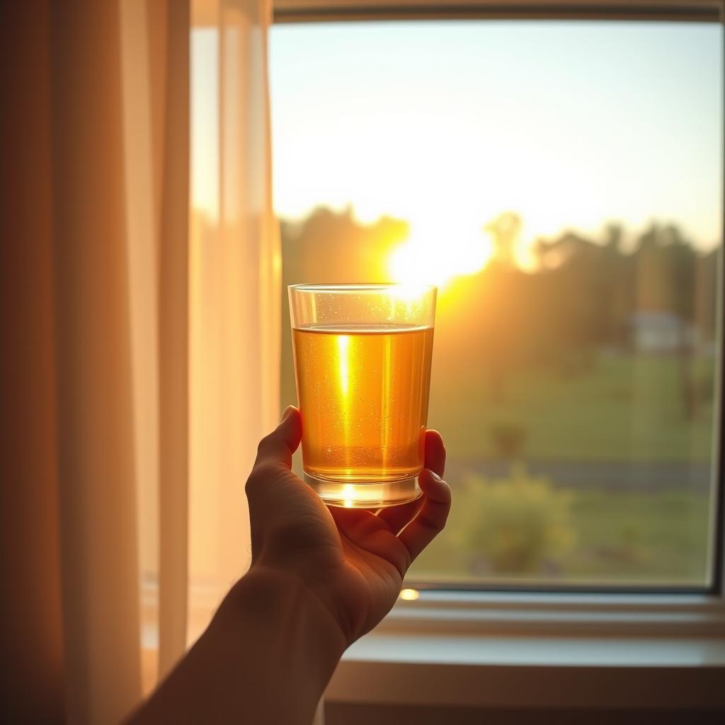 아침 햇살이 들어오는 창가에서 미지근한 물 한 잔을 들고 있는 모습