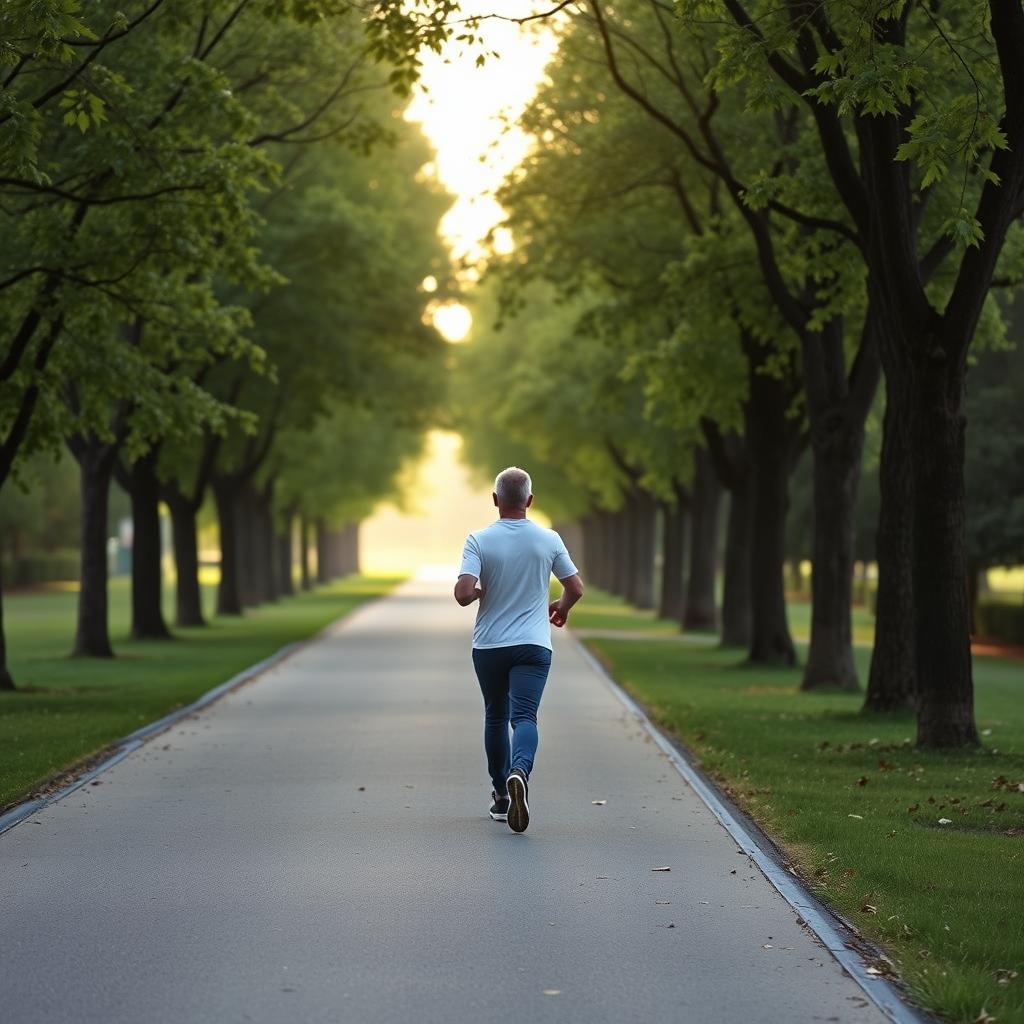 이른 아침 공원 산책로에서 가볍게 걷기 운동을 하는 사람의 모습