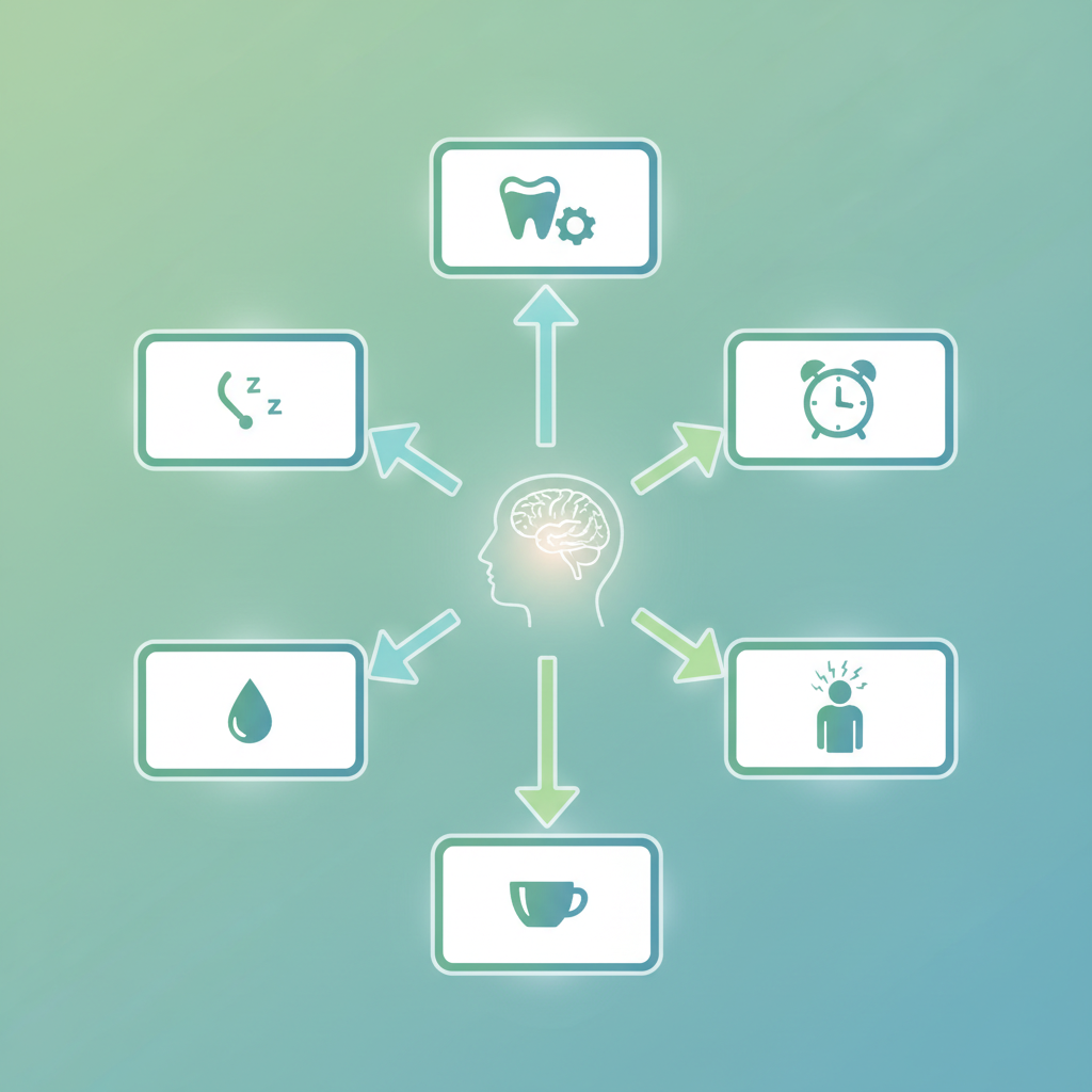 A person waking up in the morning with their hand on their head, indicating a headache, in a dimly lit bedroom.
