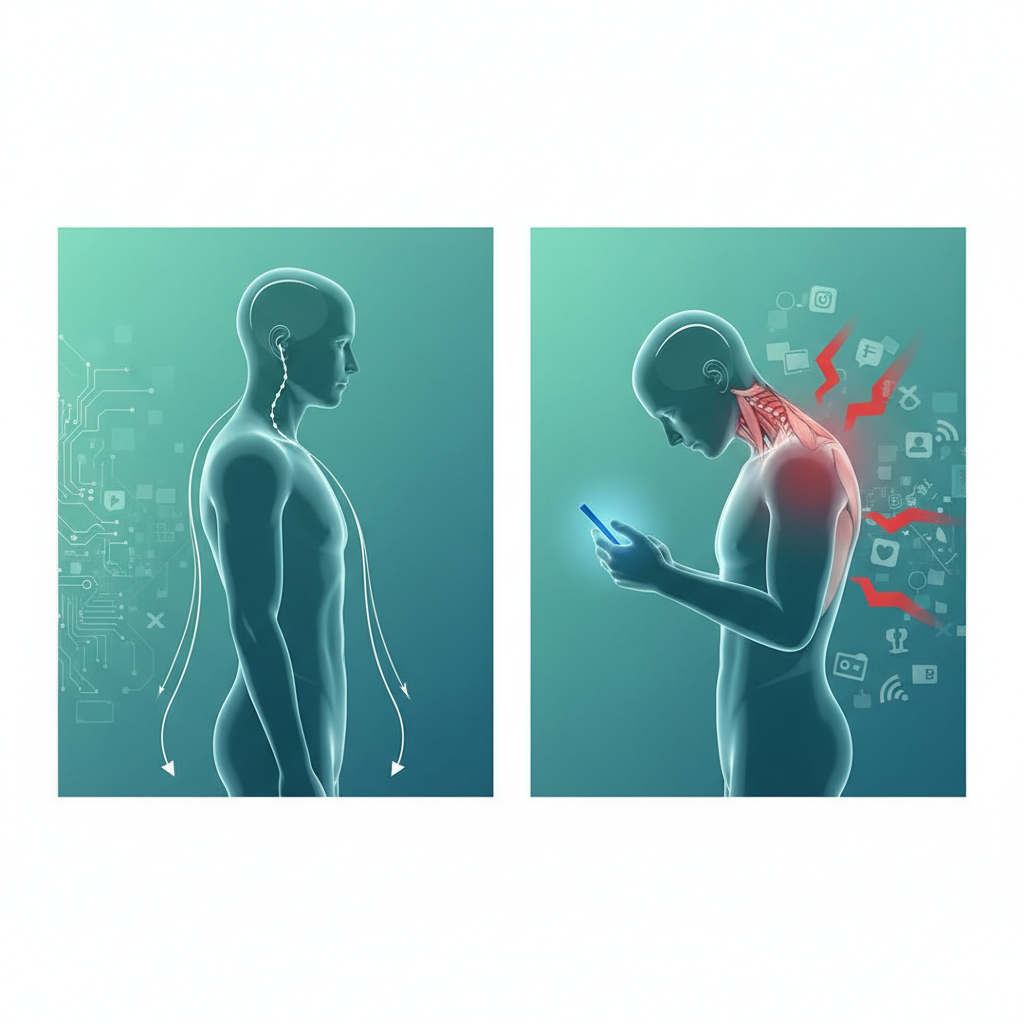 A person sitting at a desk with poor posture, hunching over a laptop, illustrating common lifestyle habits that cause neck strain.