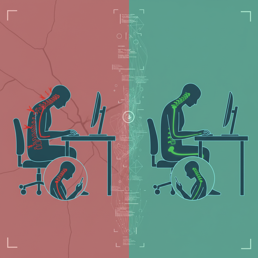 A person performing a gentle neck stretch at a desk, looking relaxed and focused on improving posture.