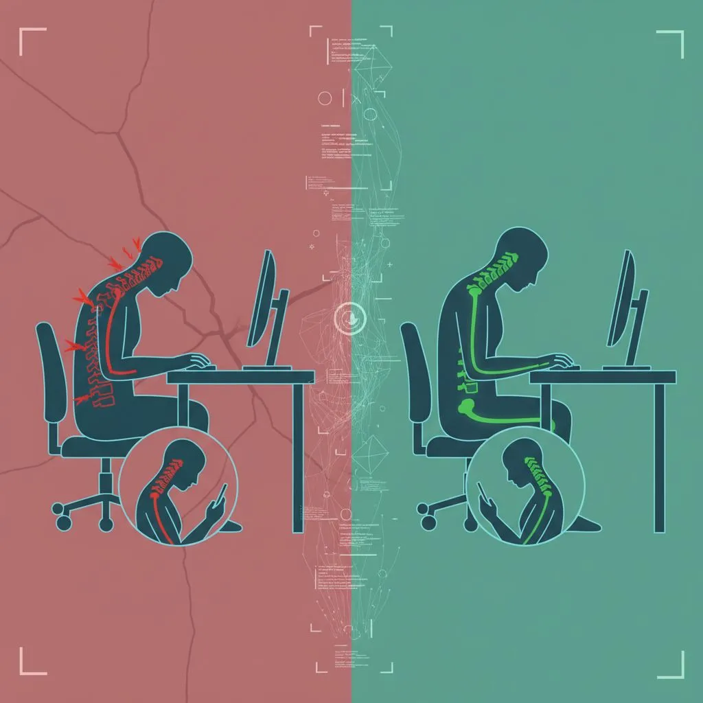 A person performing a gentle neck stretch at a desk, looking relaxed and focused on improving posture.