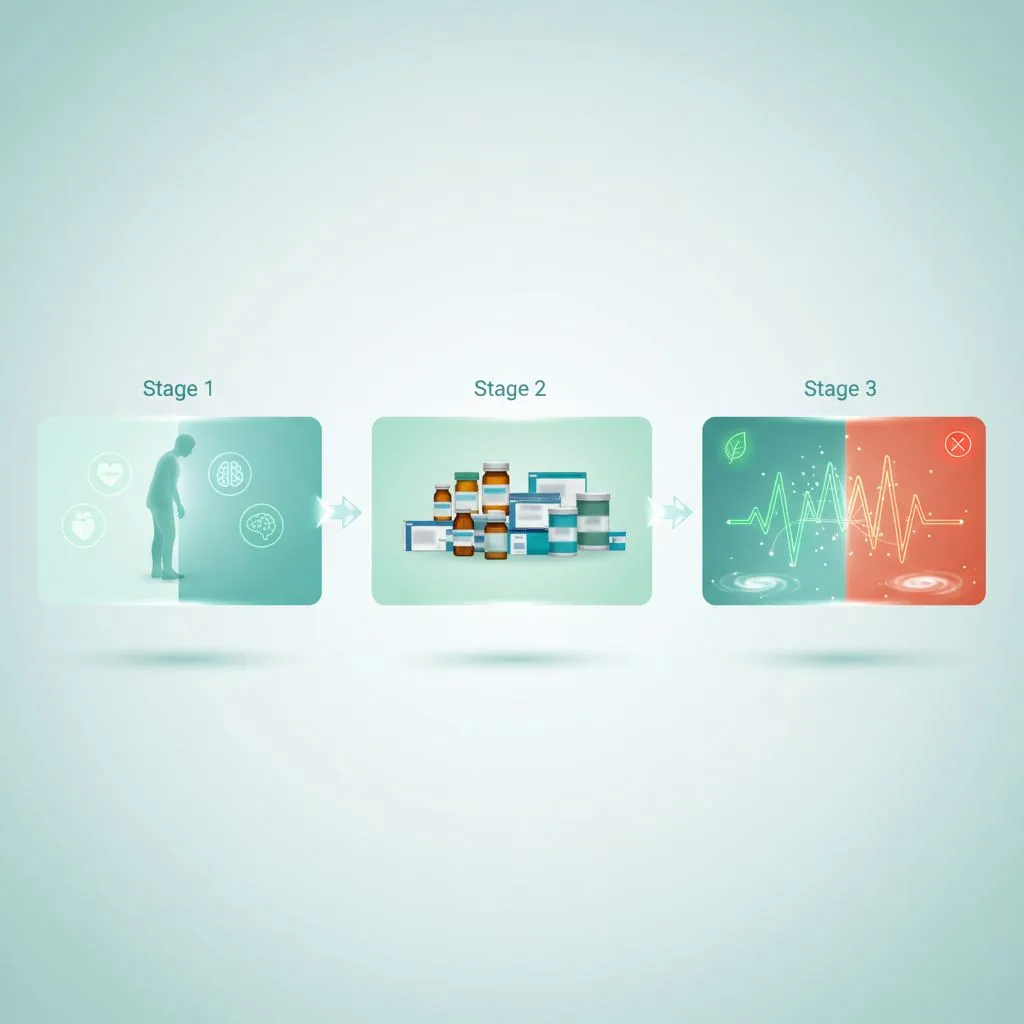 A diverse group of medicine pills in various colors and shapes, alongside a glass of water, illustrating multiple medications being taken
