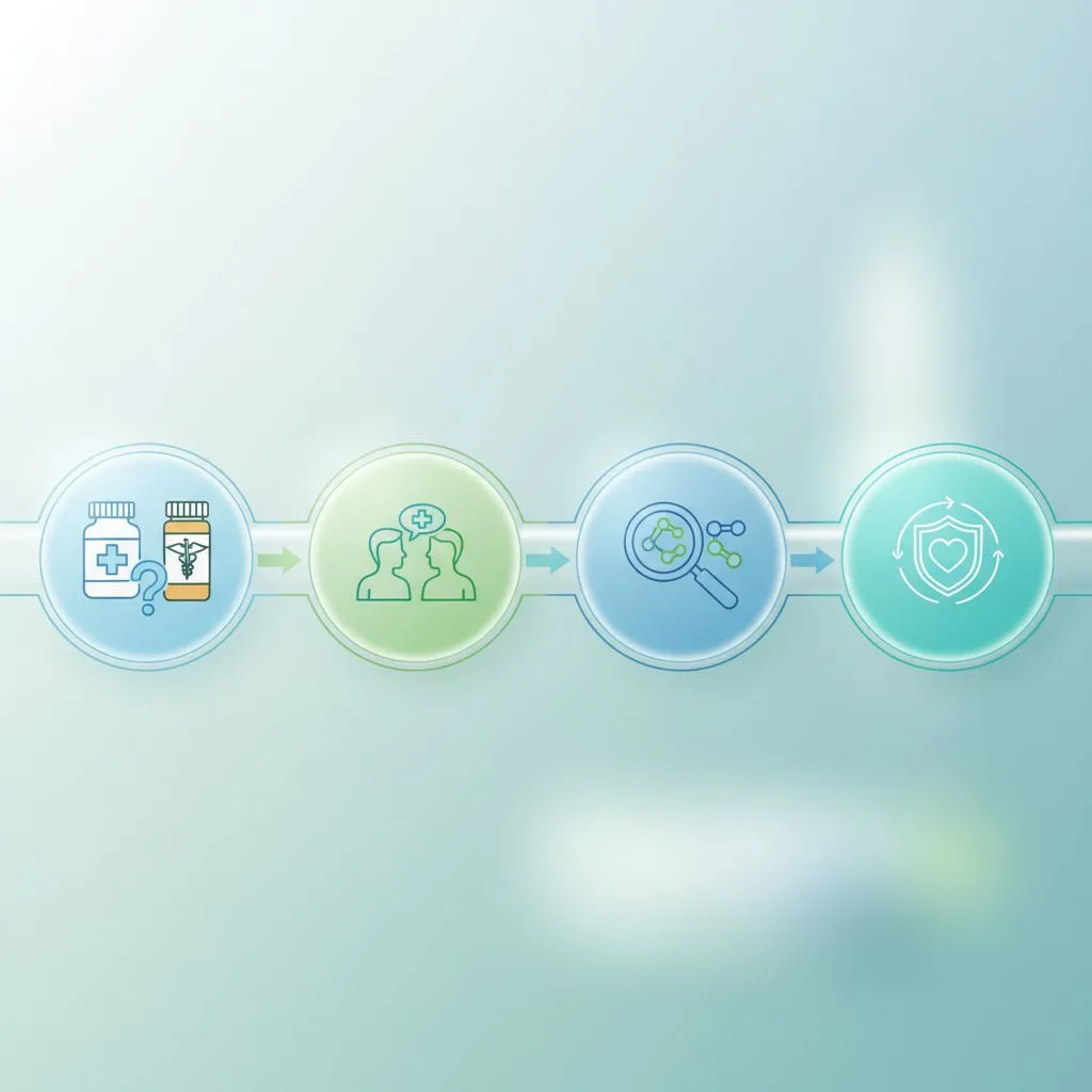 Two different types of medicine bottles, one labeled 'Prescription' and the other 'OTC,' side by side with a warning sign, symbolizing caution when mixing