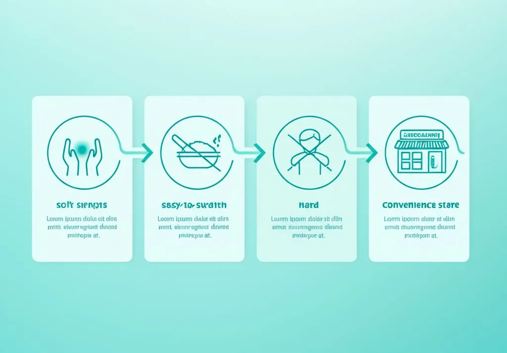 A person with a sore throat looking overwhelmed in a convenience store aisle, choosing soft foods.