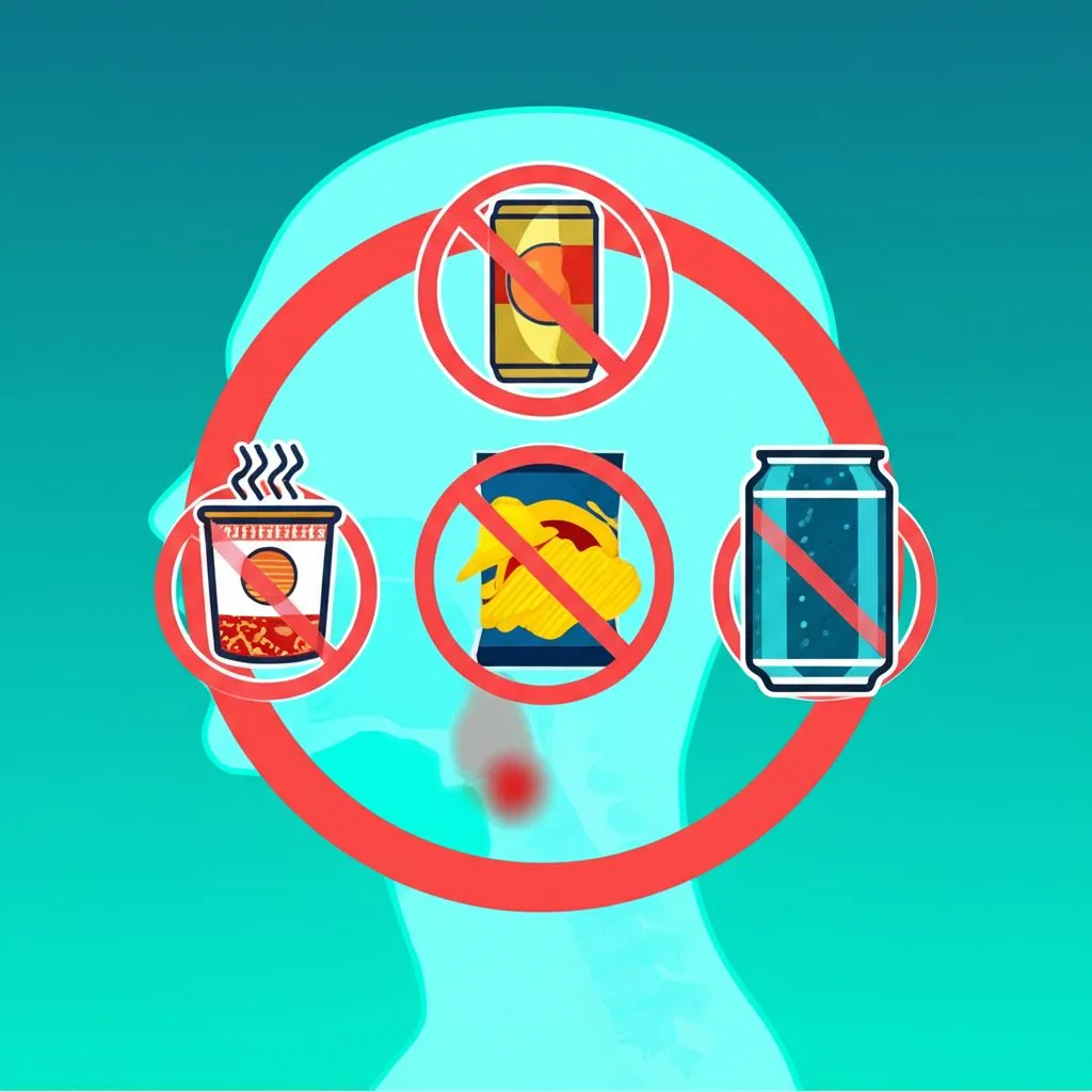 A "STOP" sign superimposed on a background of spicy ramen and soda, indicating foods to avoid.