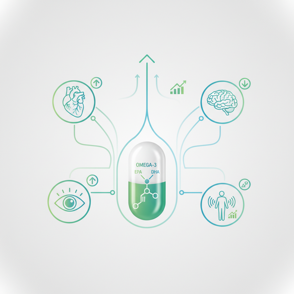 A heart icon surrounded by various omega-3 rich foods like fish, nuts, and flaxseed