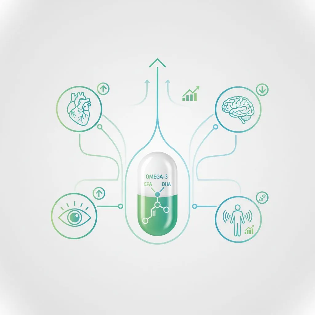 A heart icon surrounded by various omega-3 rich foods like fish, nuts, and flaxseed