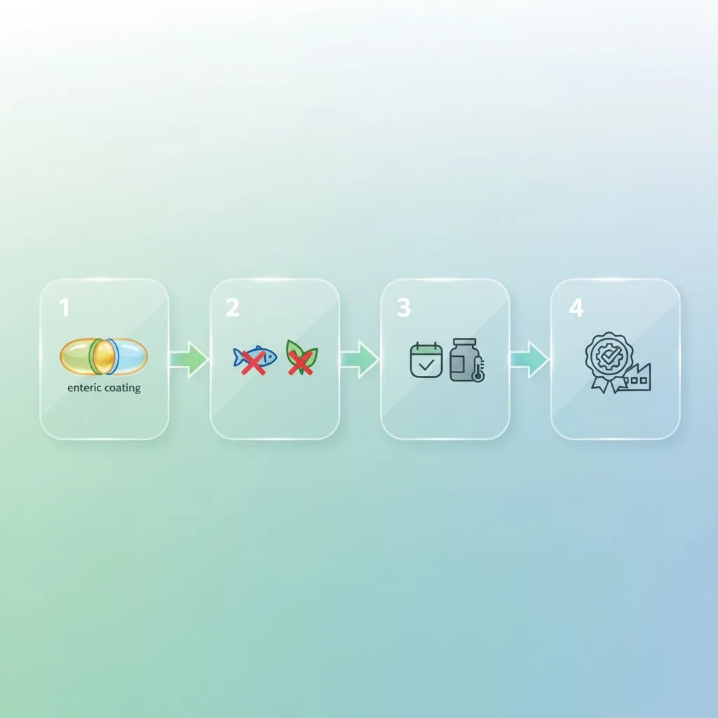 A magnifying glass inspecting a supplement bottle label, highlighting ingredients and certifications