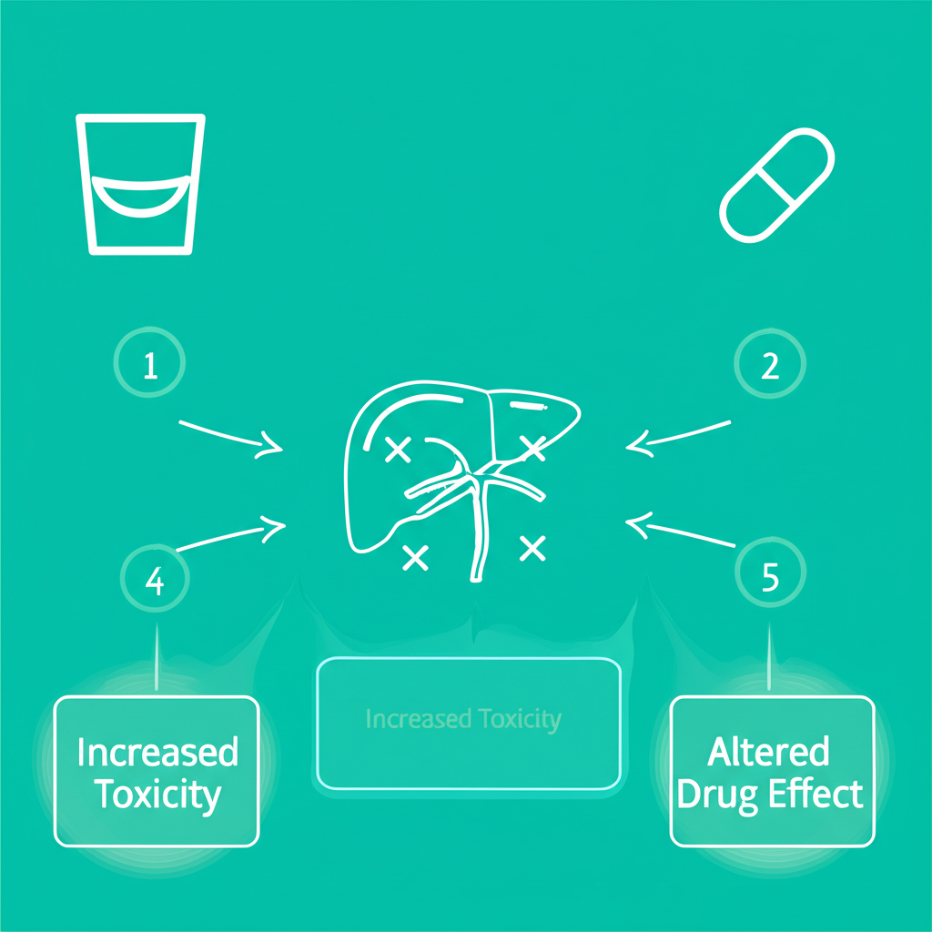 A diagram showing the liver processing both alcohol and medication, with warning signs indicating overload.
