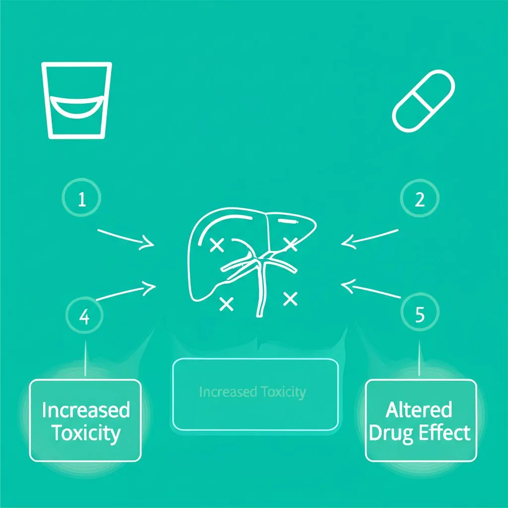 A diagram showing the liver processing both alcohol and medication, with warning signs indicating overload.