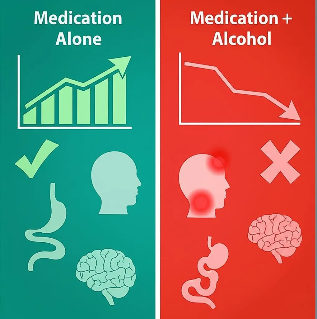 A magnifying glass examining a complex web of interconnected medical symbols and warning signs.