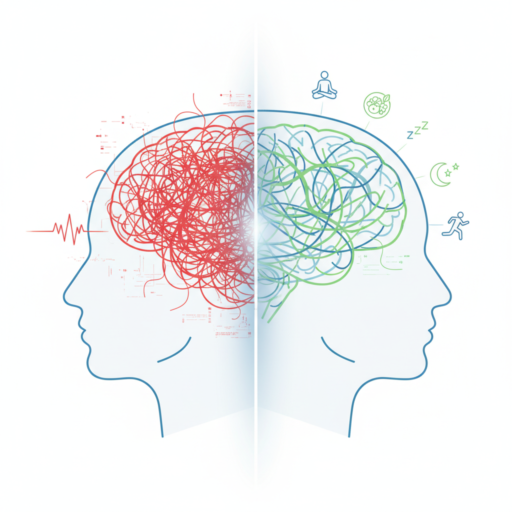 A person practicing deep breathing exercises in a quiet, organized home office environment.