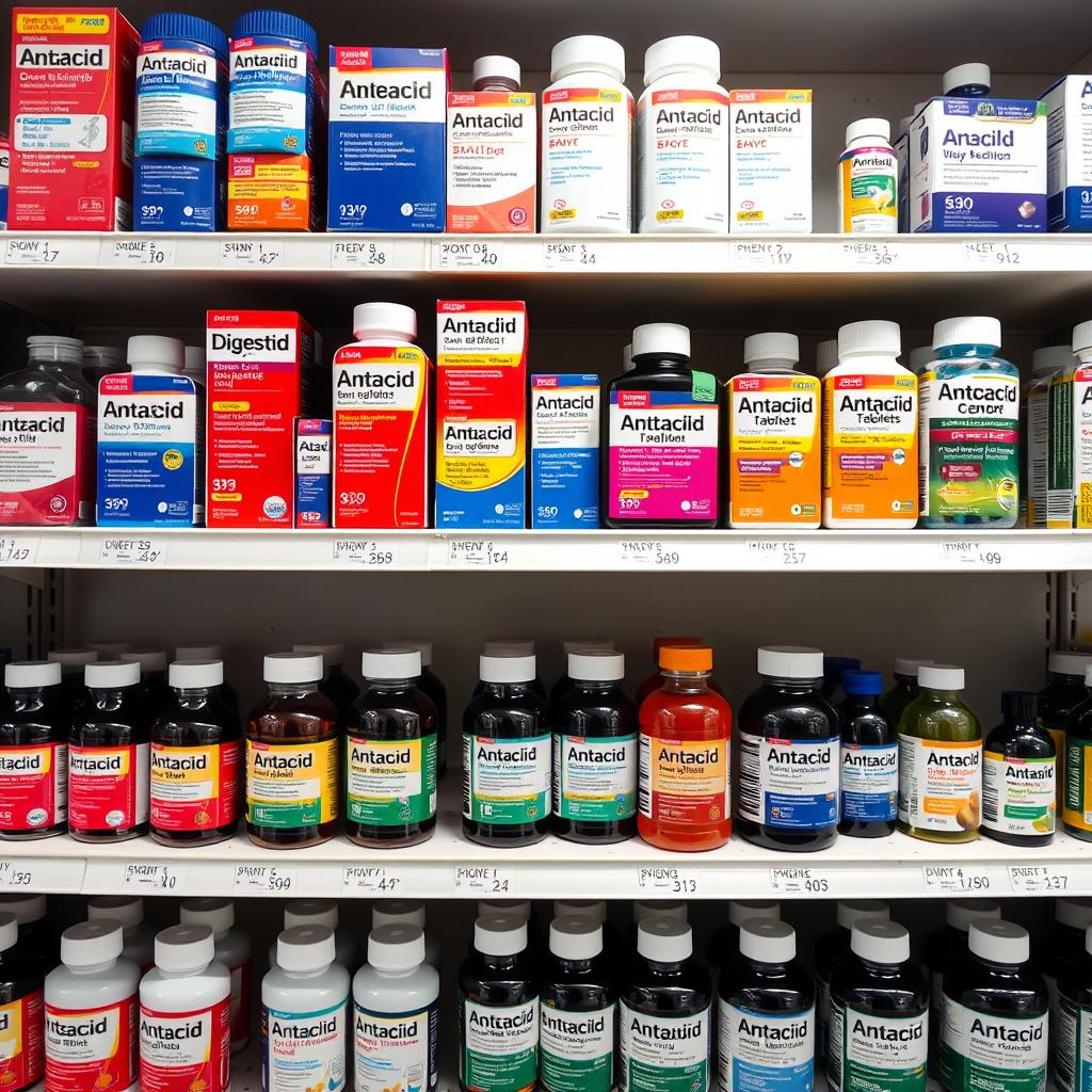 약국 진열대에 다양한 소화제 제품들이 종류별로 정돈되어 있는 모습