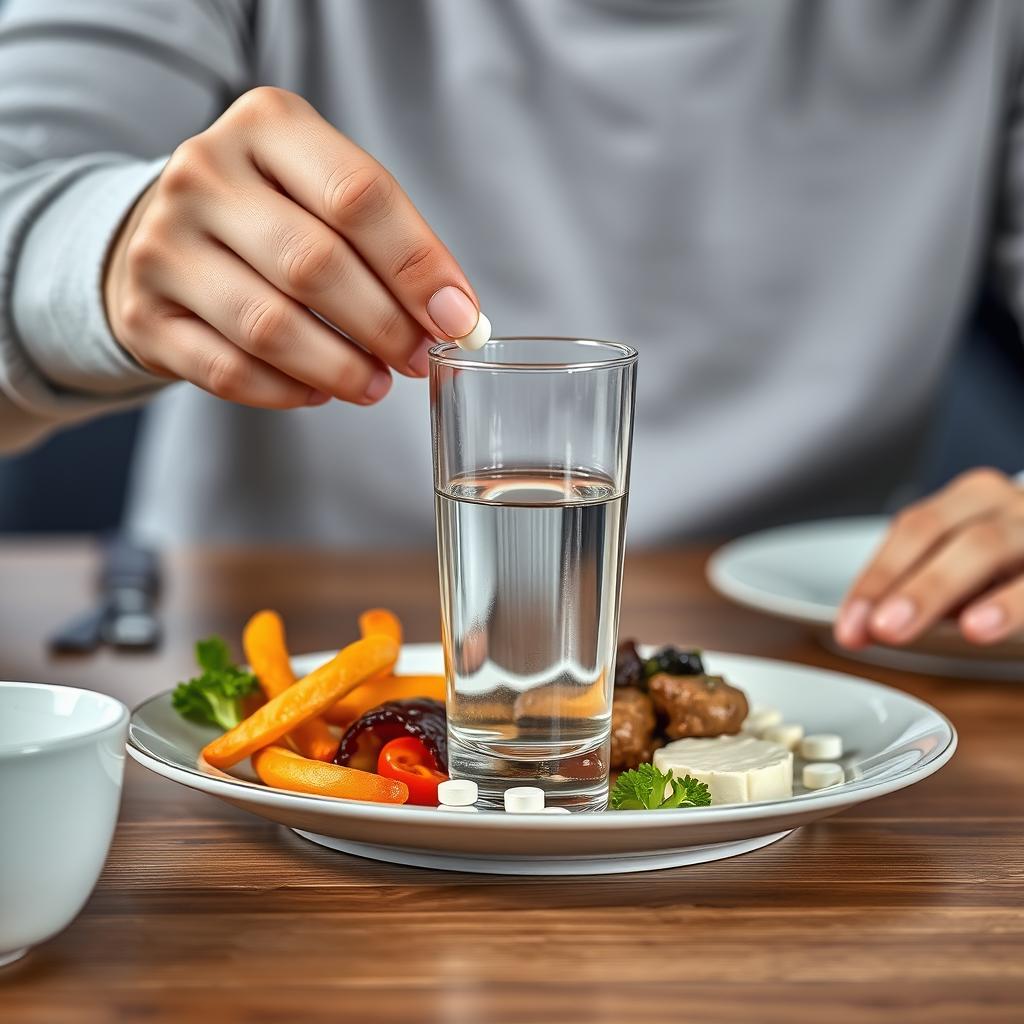 식사 후 물과 함께 소화제를 복용하는 올바른 방법을 보여주는 모습